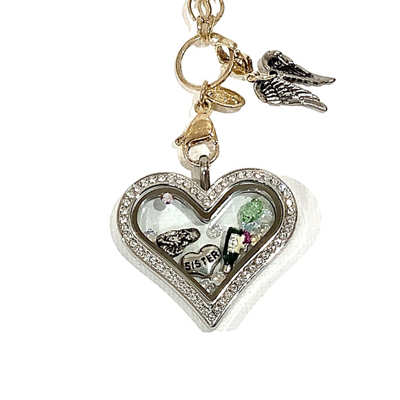 Origami Owl Large Silver Hinged Heart Locket Crystals Sister Charm Gold Chain - Picture 3 of 6